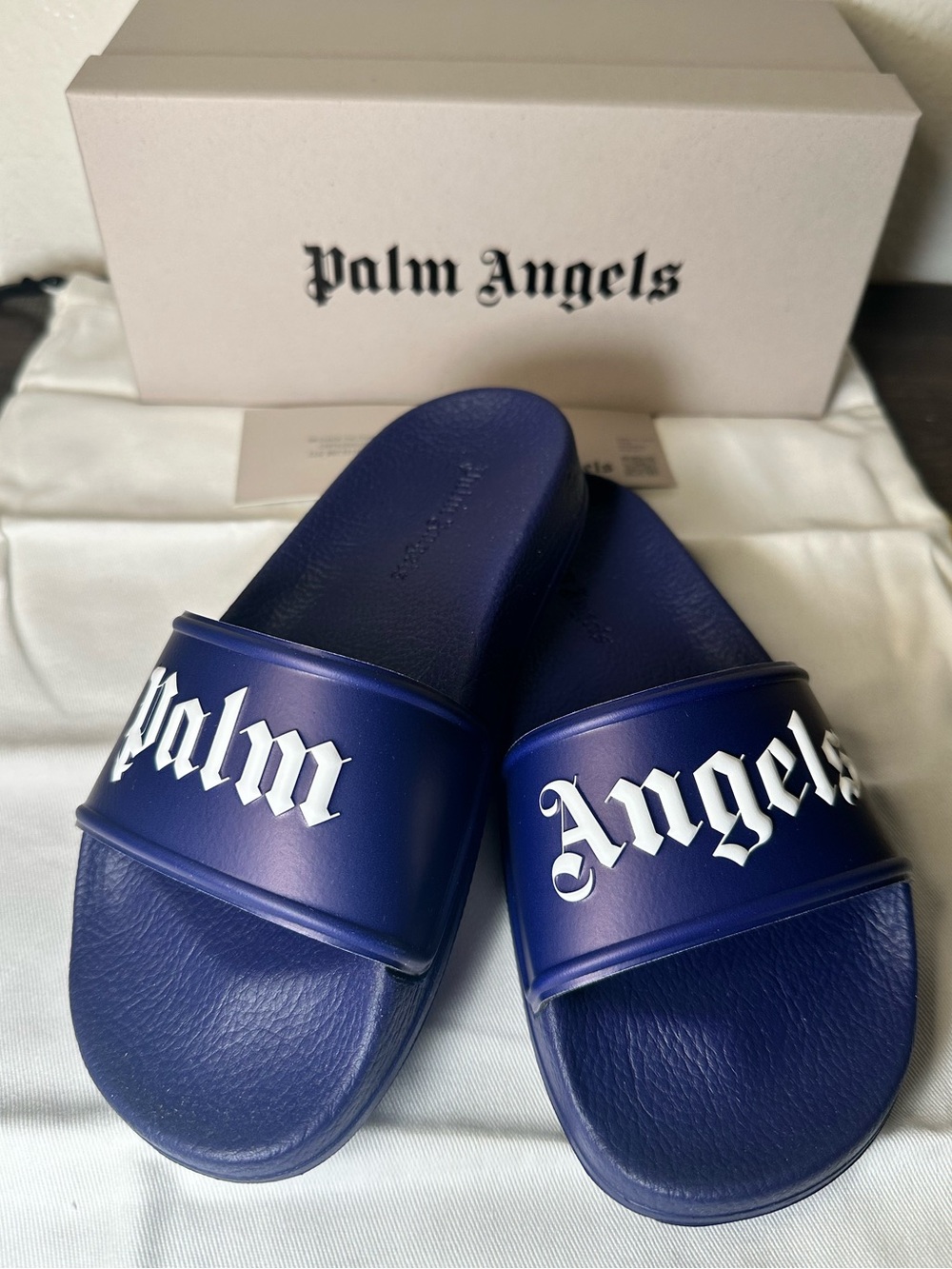 Palm Angels kids Blue Slide Sandals with White Logo (Size 2)